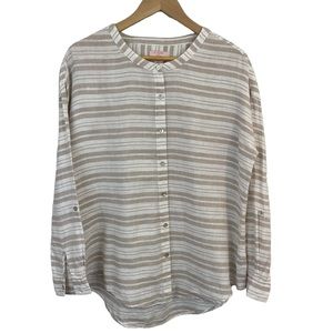 St Tropez 100% Linen Tunic Top Womens S Cream White Stripe Button Up Blouse EUC